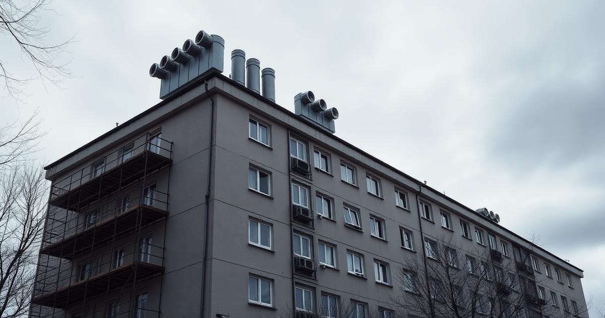 Renoveerimisel olev paneelelamu tellingutes koos katusele paigaldatud uute ventilatsioonisõlmedega