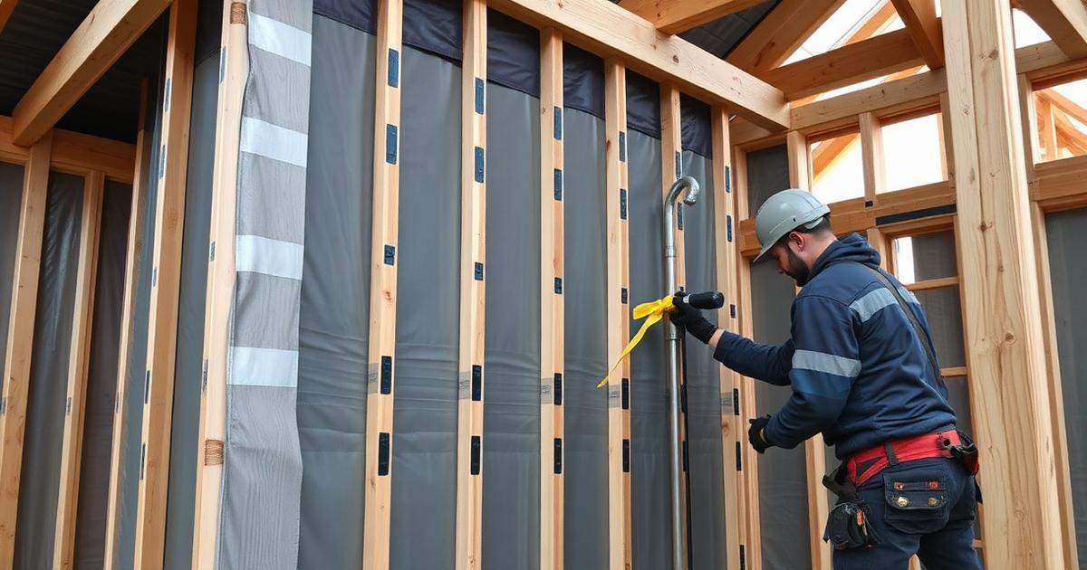 Ehitaja tihendab puitkarkassmaja aurutõkkekilesse tehtud toruläbiviiku teibiga