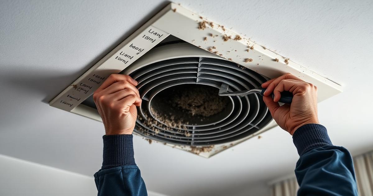 Tehnik eemaldab korteri laes tolmunud ventilatsiooniresti hoolduse käigus
