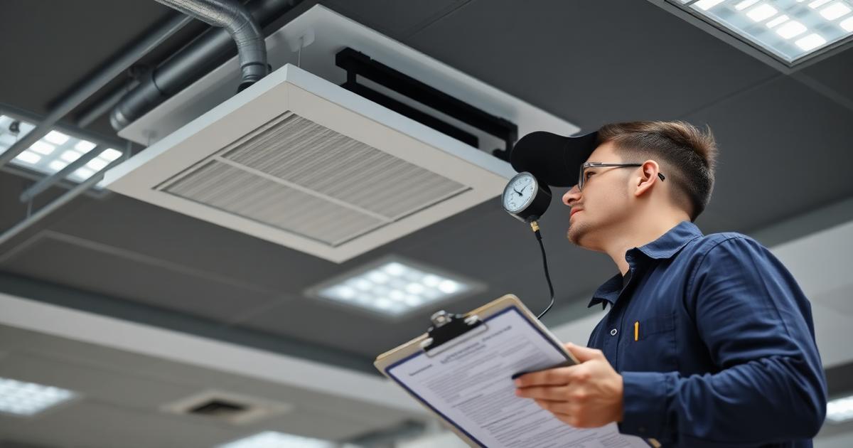 Spetsialist mõõdab lae ventilatsiooniresti juures õhuhulka ja märgib tulemuse protokolli